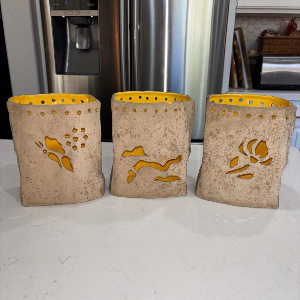 Vintage Handmade Ceramic Paper Bag Candle Votives Luminaries